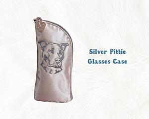 Adorable padded sunglasses case with Embroidered Pittie face on Silver canvas. 